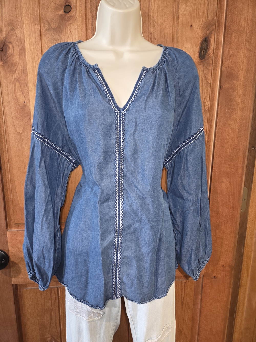 Linea Donatella Blue Denim Peasant Blouse with Embroidered Trim